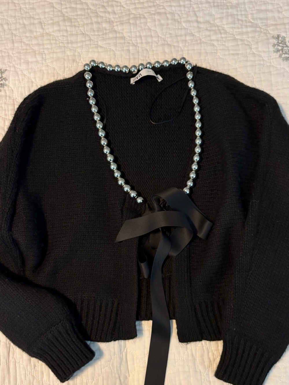 Zara Black Cropped Cardigan with Satin Ribbon
